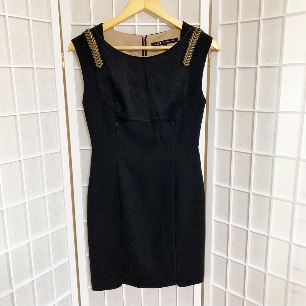 VOV Voice of Voices Black Shift Dress Bronze Bead Embellished Shoulder